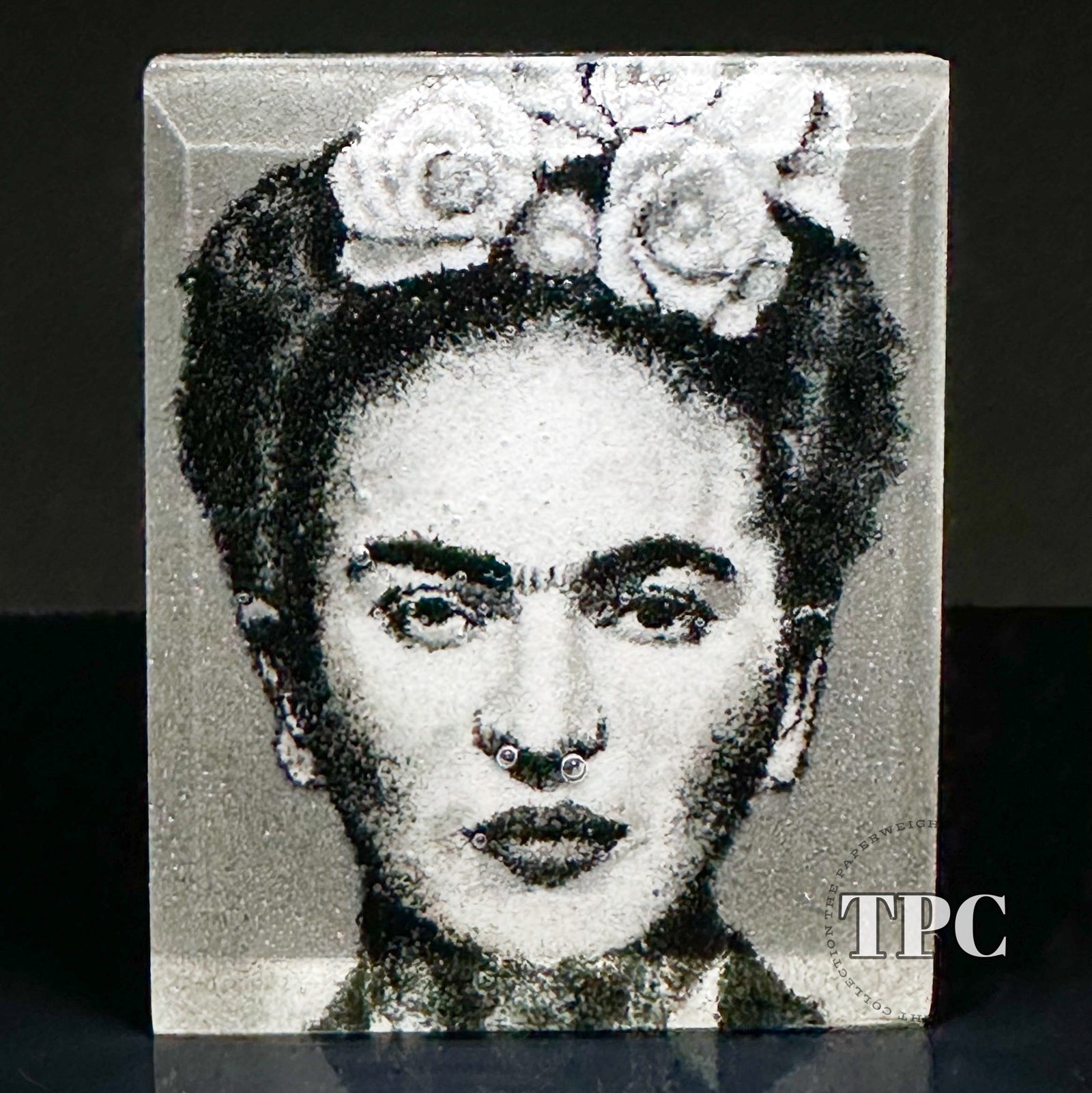 Trevor Beck 2023 Glass Art Paperweight Plaque Detail Monochromatic Frit Portrait of Freda Kahlo