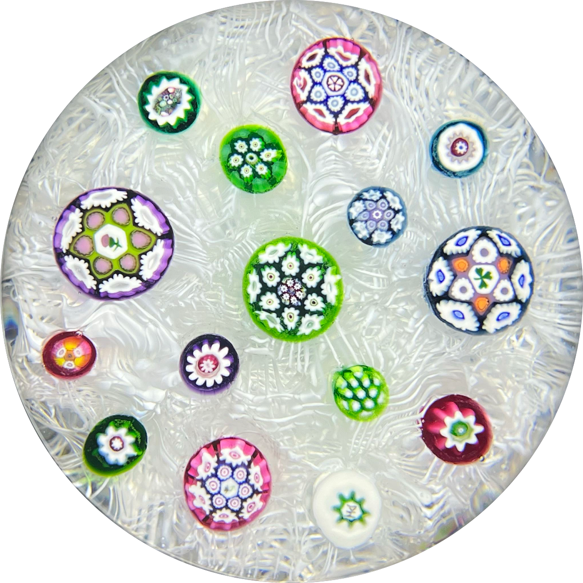 Magnum Peter Holmes 1993 Spaced Complex Millefiori with Clover & Thistle Canes on White Upset Muslin Ground