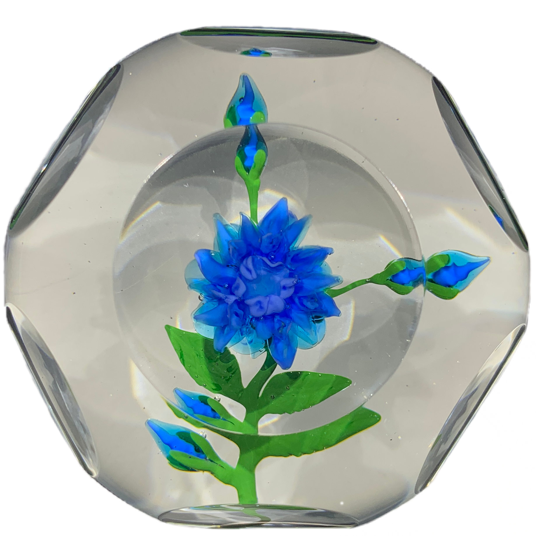 Vintage Harold Hacker Lampwork Stemed Blue Blossom on Clear with 6 +1 Faceting