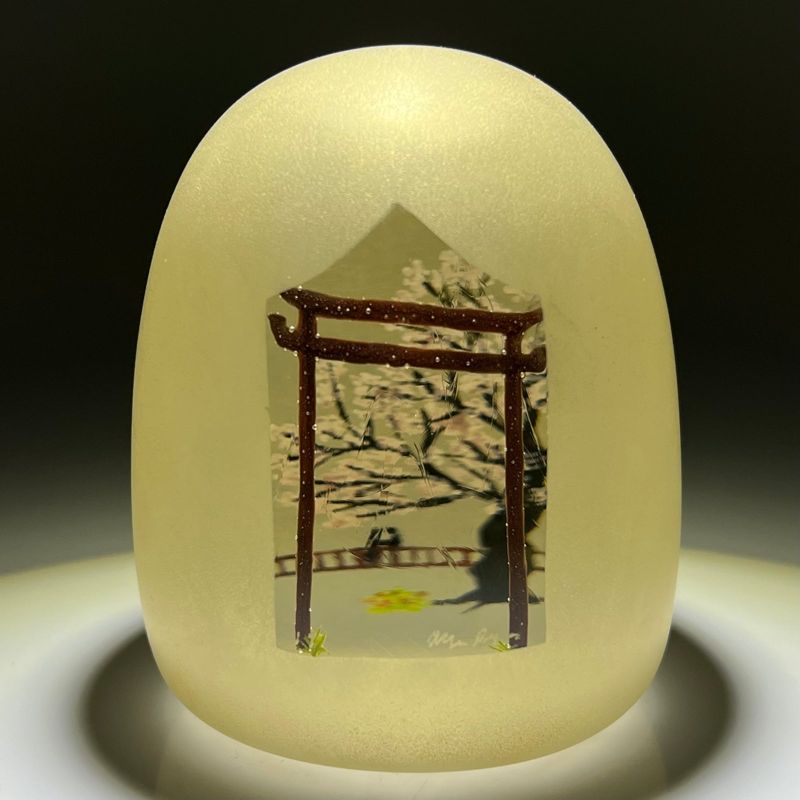 Alison Ruzsa 2017 Gold Frosted Lovers on a Japanese Bridge Encapsulated Hand-Painted Enamels