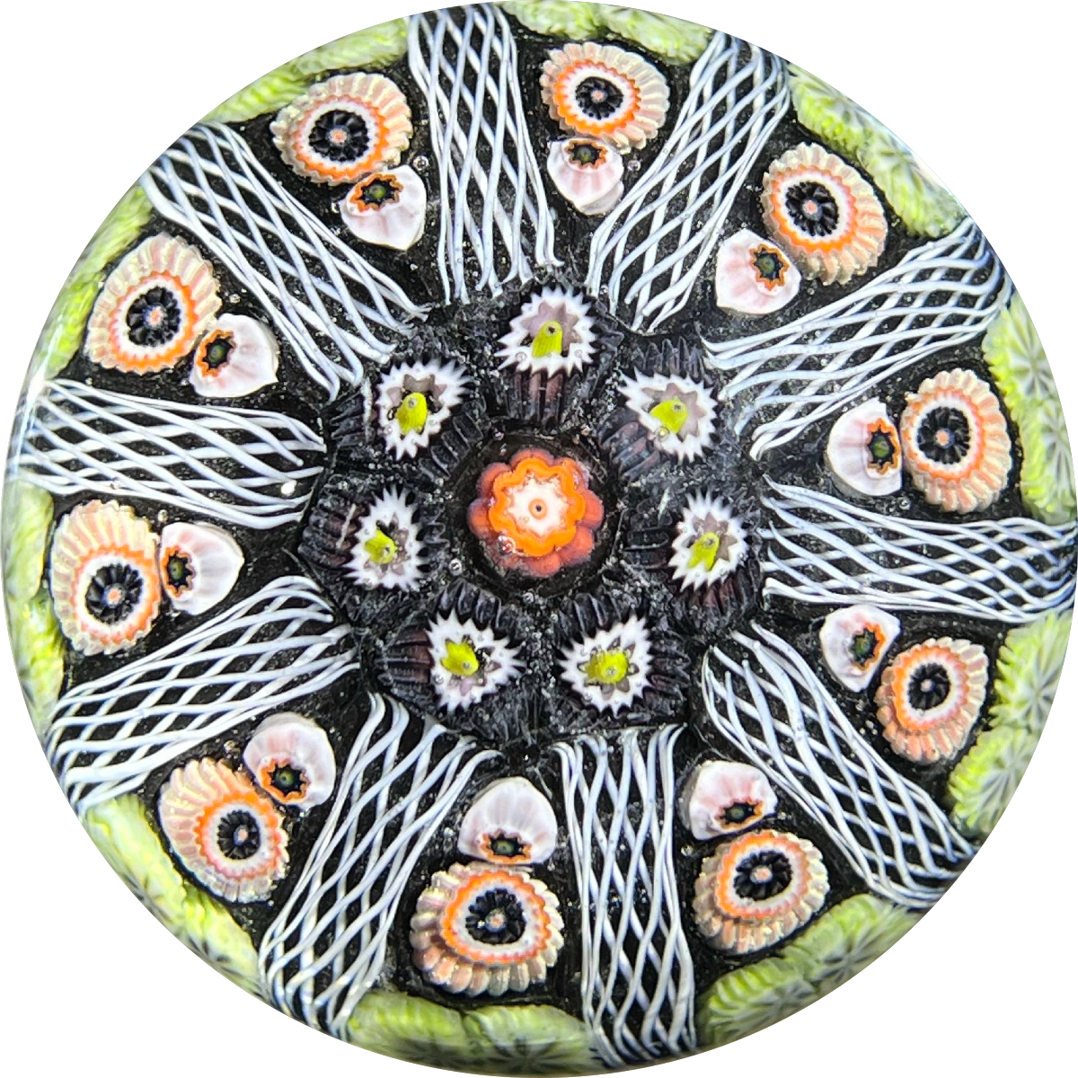 Vintage Strathearn Glass Art Paperweight Colorful Paneled Millefiori and White Filigree on Opaque Black Ground