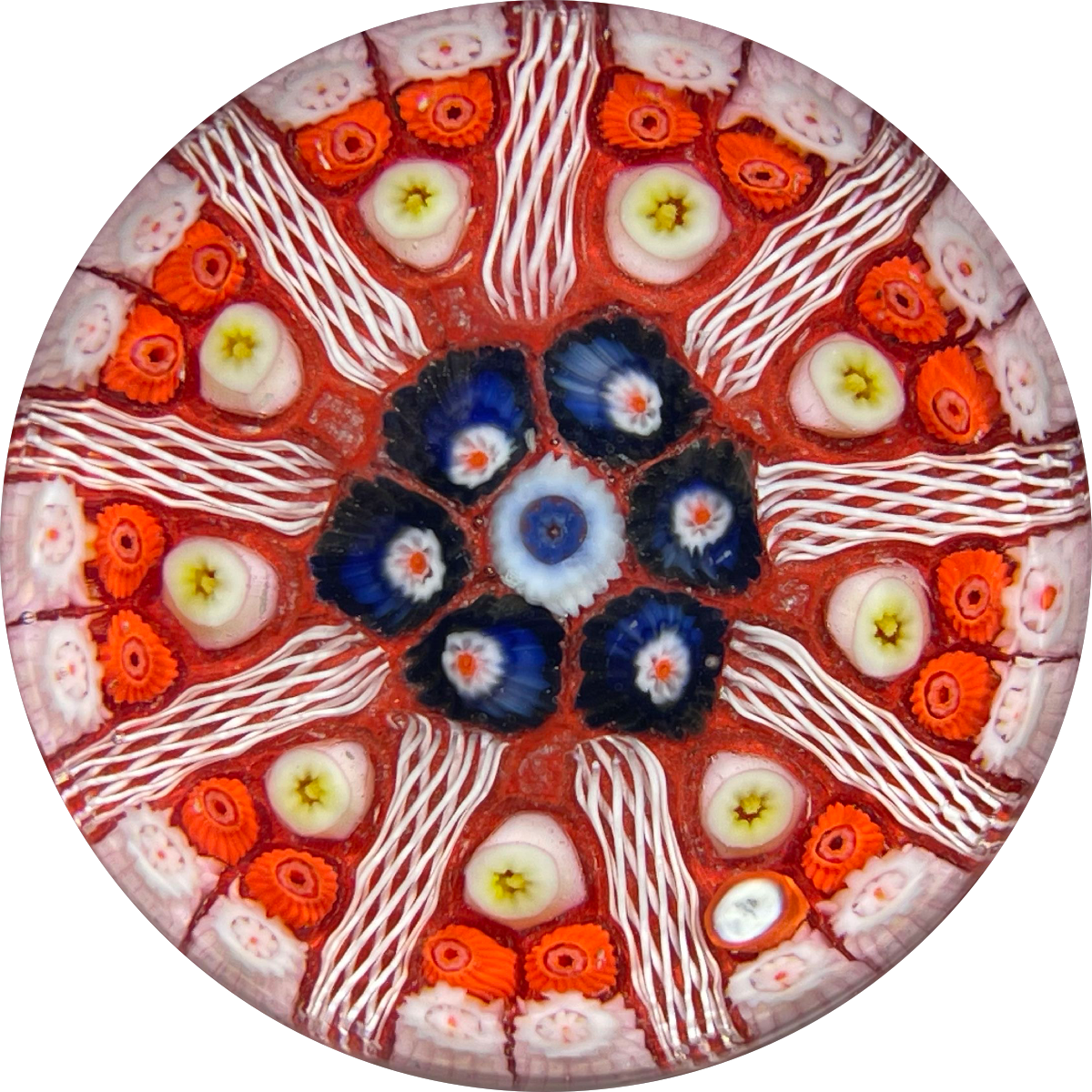 Signed Strathearn Paperweights Paneled Millefiori and Filigree on Orange Ground