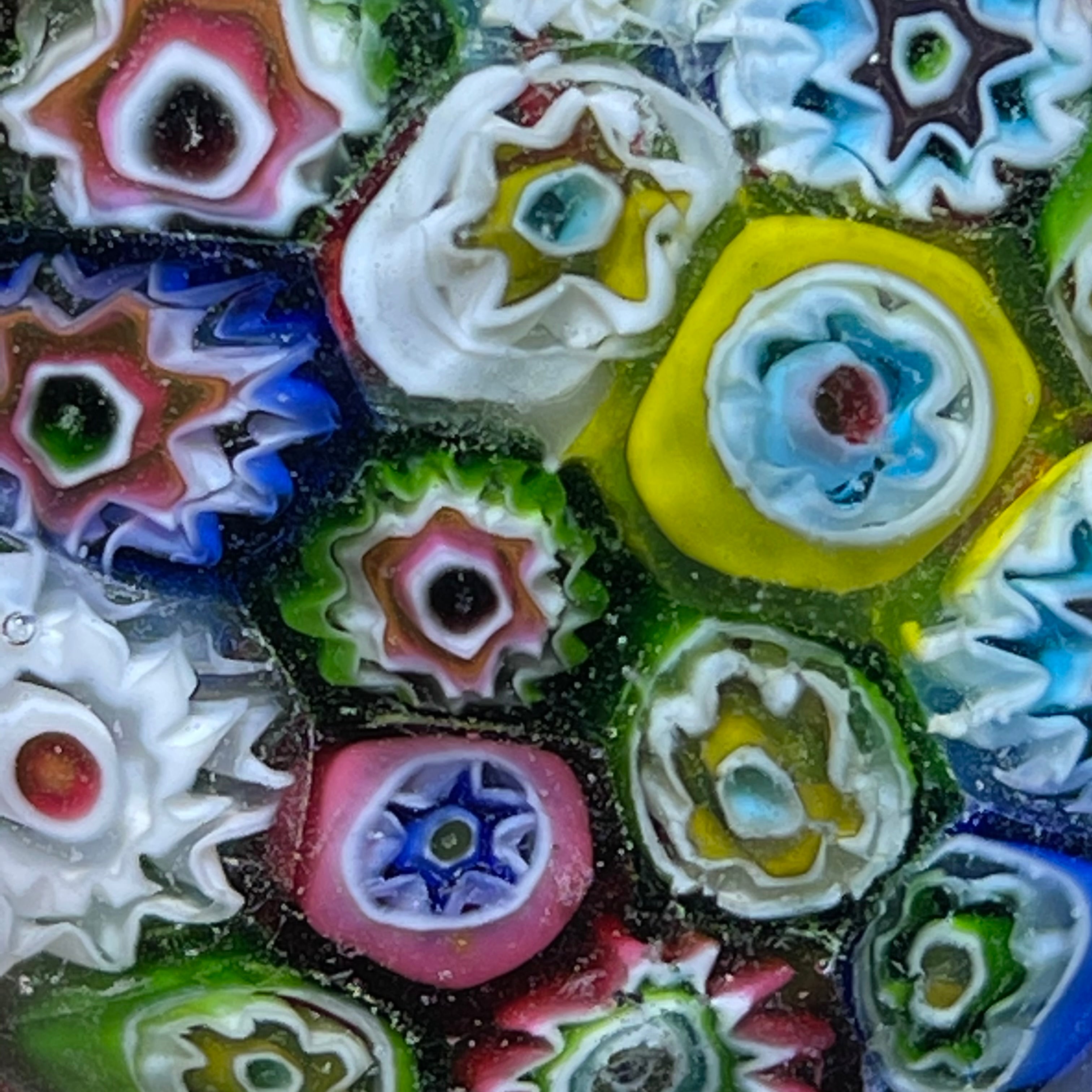 Vintage Murano Closepack Millefiori on Colorful Frit Glass Vintage Murano Closepack Millefiori on Colorful Frit Glass