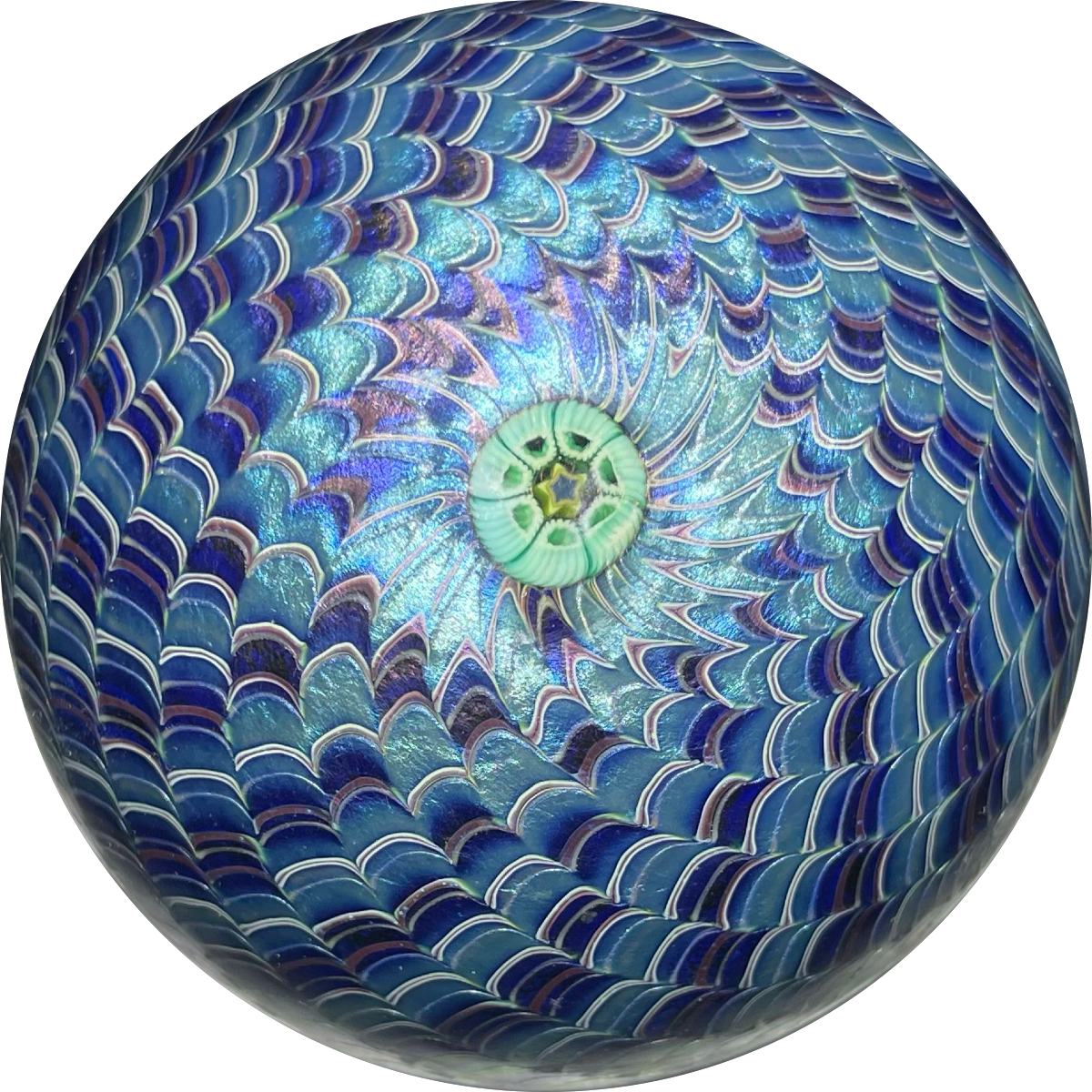 Orient & Flume 1978 Blue Iridescent Surface Decorated Torchwork Crown Style Paperweight