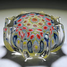 Vintage Strathearn Pressed Star Glass Art Paperweight with Colorful Concentric Millefiori on Yellow Ground