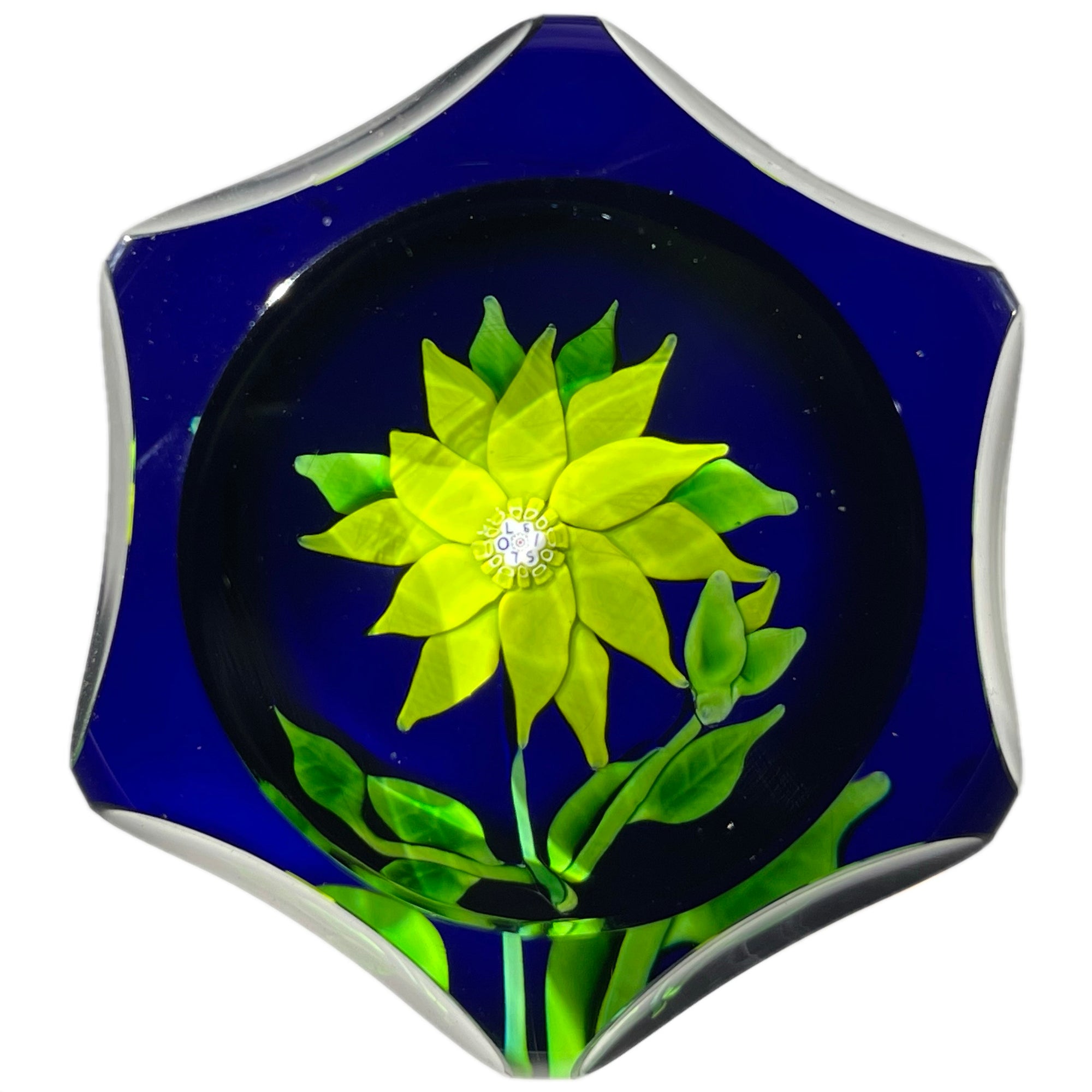 Faceted Saint-Louis 1970 flamework Yellow Clematis Flower on Transparent Cobalt Blue Ground