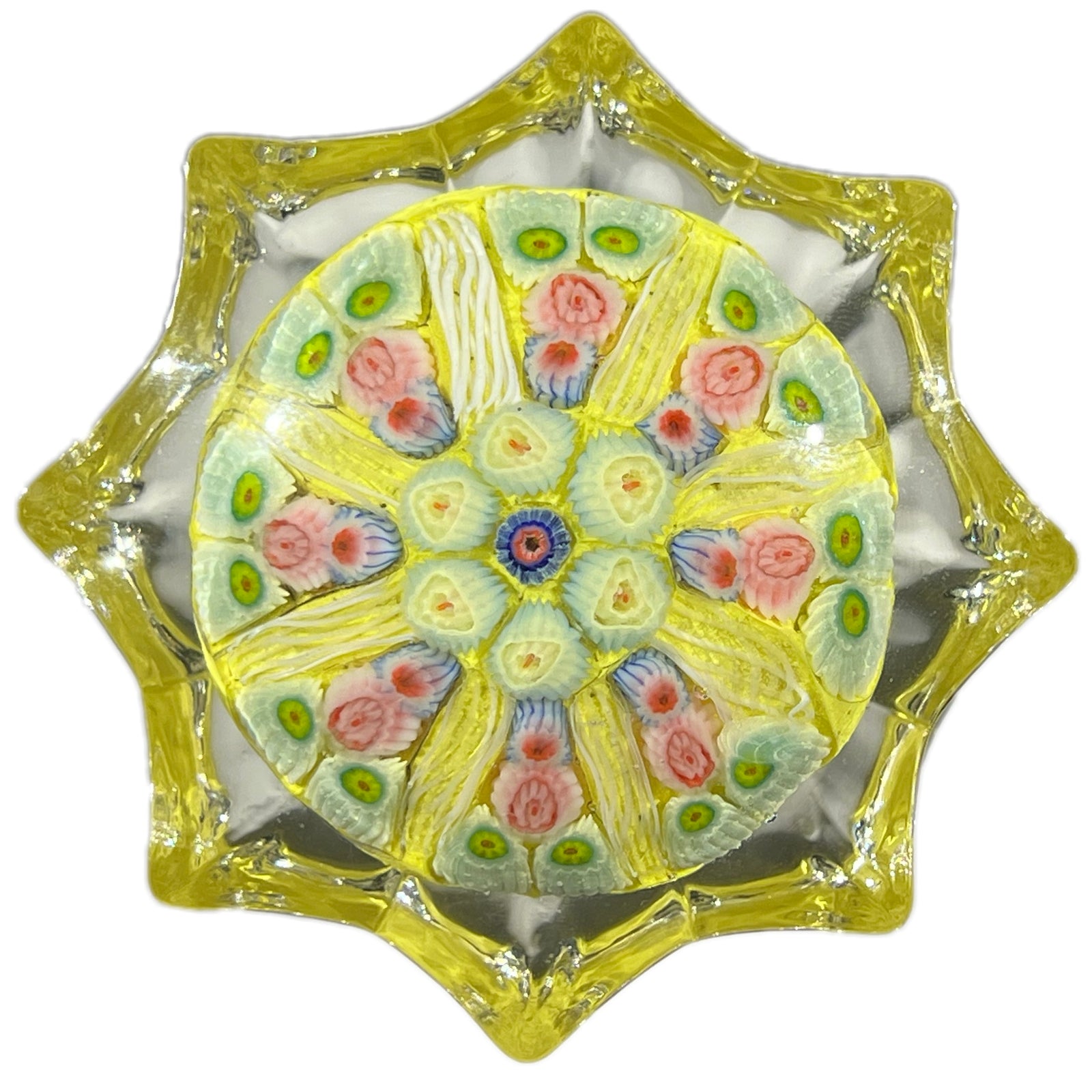 Vintage Strathearn Pressed Star Glass Art Paperweight with Radial Millefiori & Filigree Design on Yellow