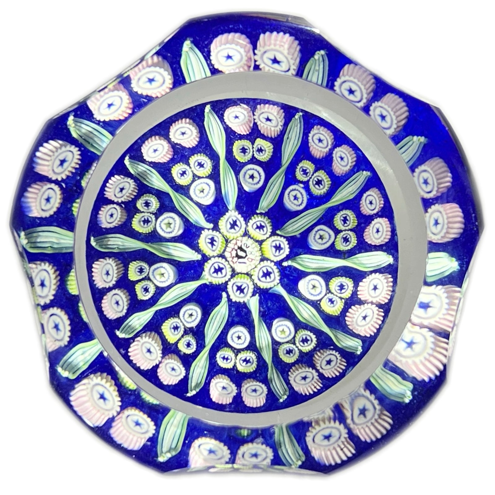 Faceted Caithness Whitefriars 1982 Glass Art Paperweight "Radial Garden" Millefiori & Ribbon Twists on Blue