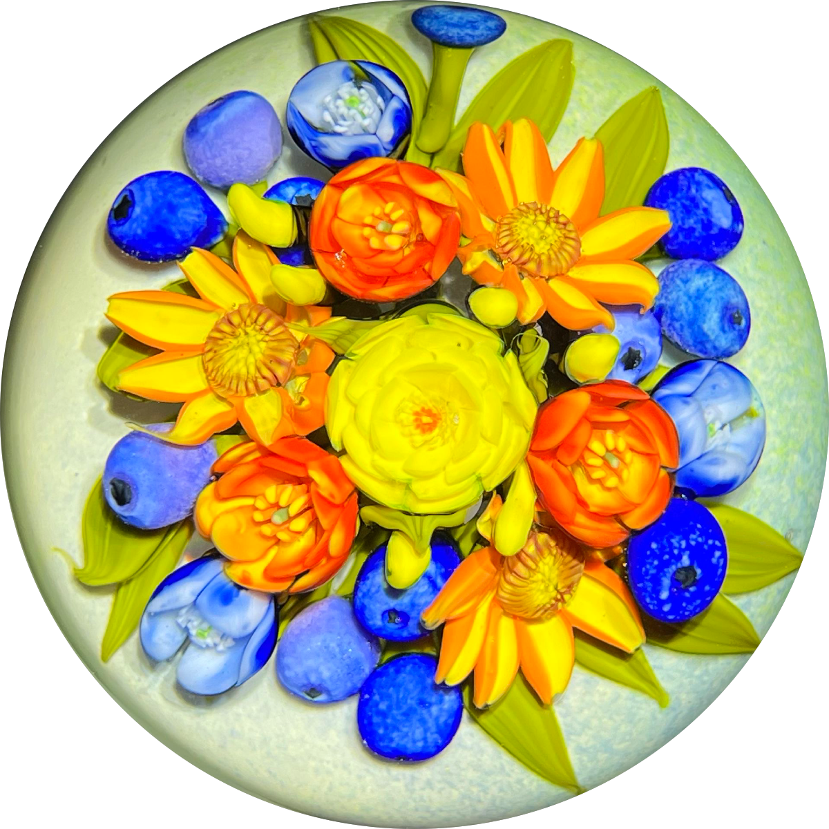 Cathy Richardson 2021 Flamework Glass Art Paperweight Summer Bouquet with Orange & Yellow Flowers and Blueberries