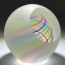 Signed Paul Harrie Contemporary Glass Art Paperweight With Spiral Rainbow Design and Faceted Frosted Surface
