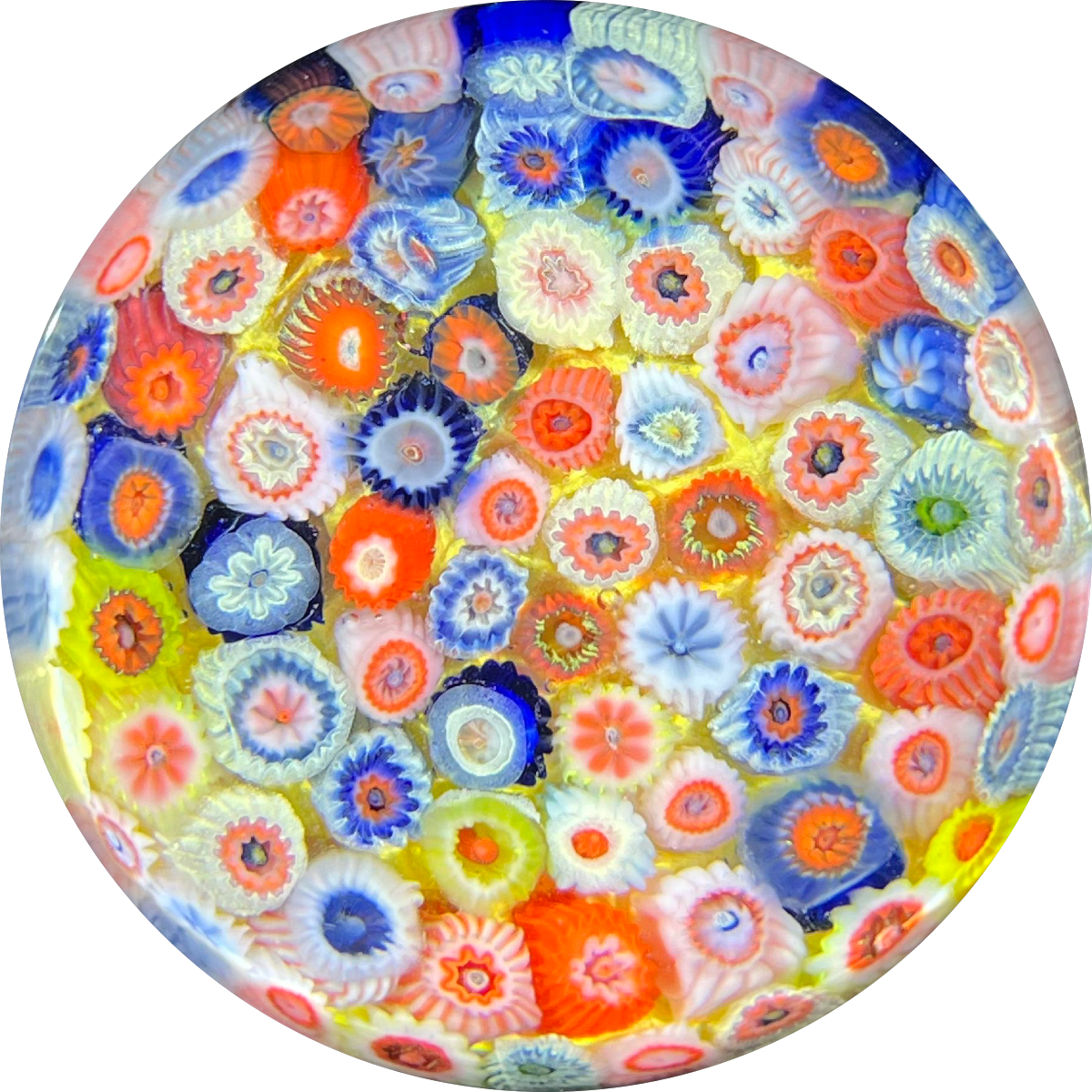 Vintage Strathearn Glass Art Paperweight Colorful Closepack Millefiori on Yellow Ground
