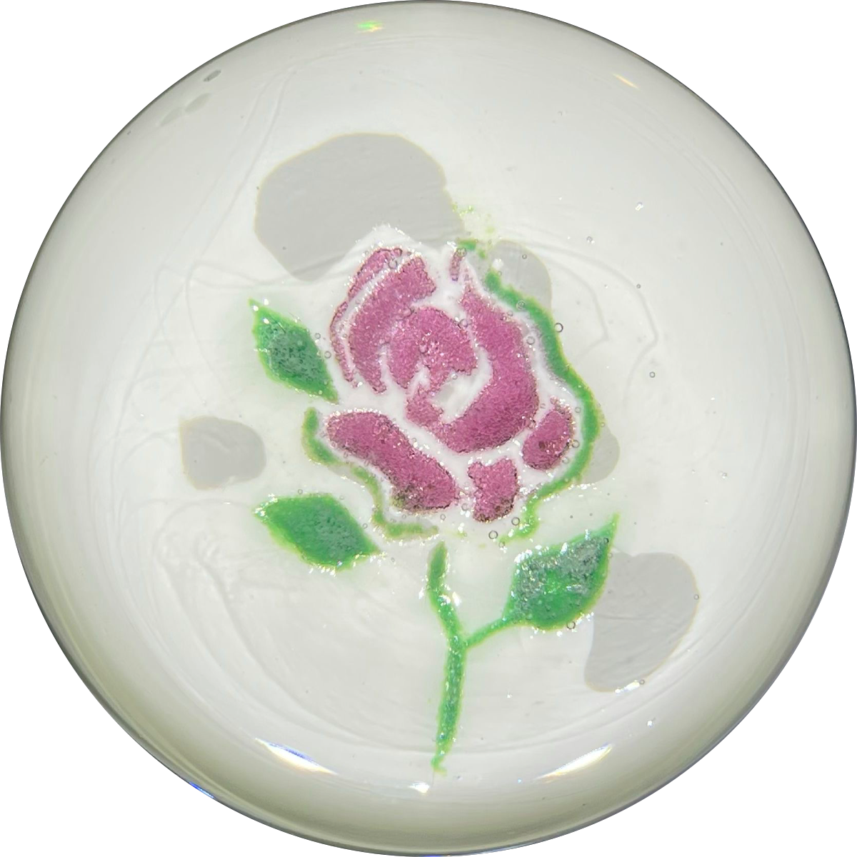 Antique American Colored Frit Rose on Opaque White Cushion