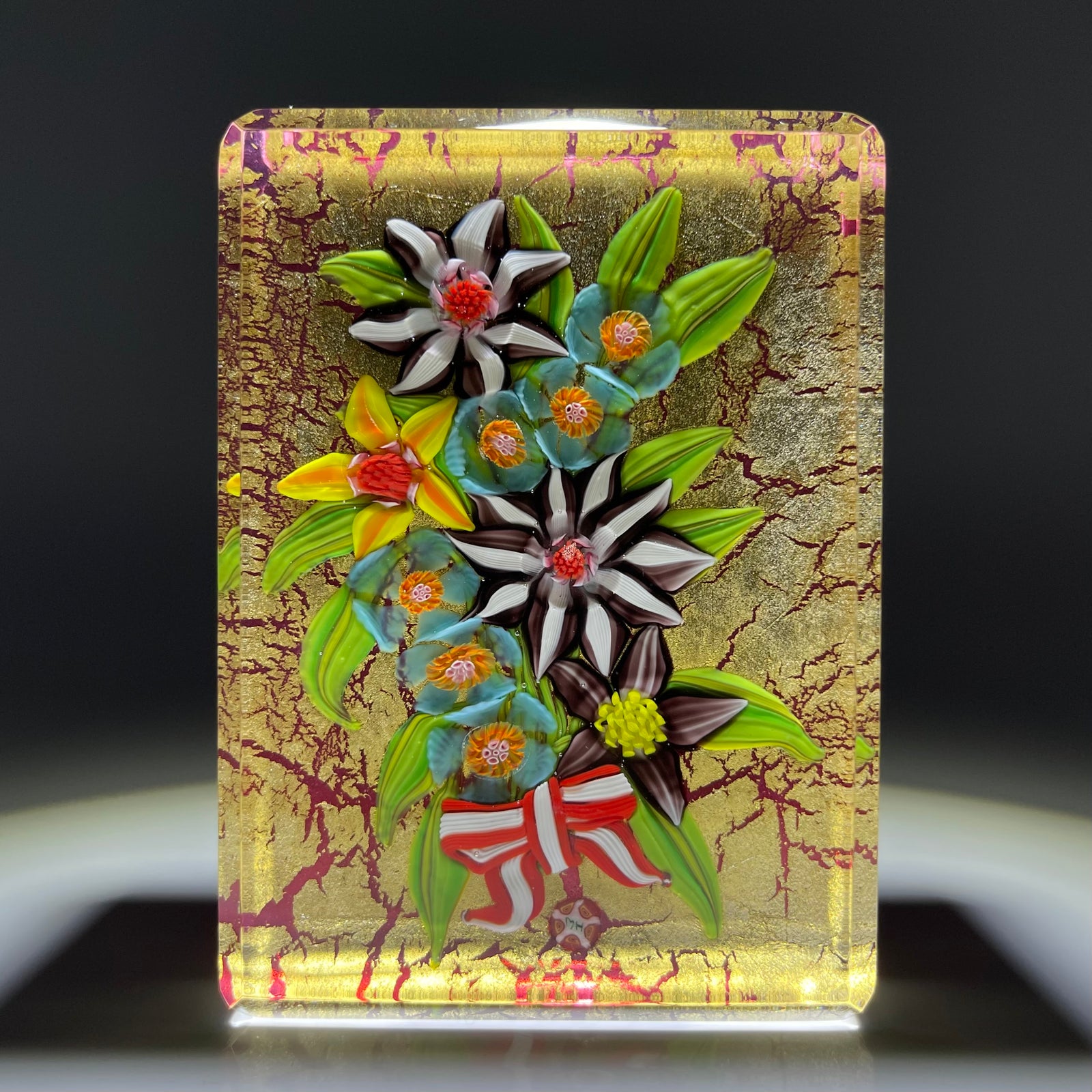 Mickael Hingant 2020 Flamework Tropical Flower Bouquet On Gold Leaf Plaque Cold-Work by Jim Poore