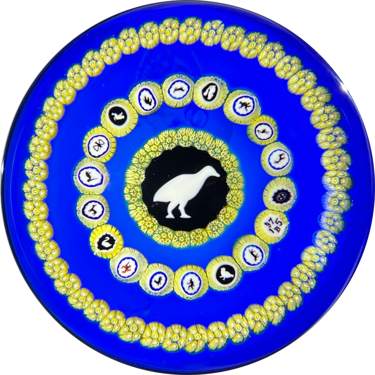 Baccarat 1975 LE Faisan Blanc Concentric Complex Millefiori & Silhouette Murrine with Large Pheasant Gridel Cane