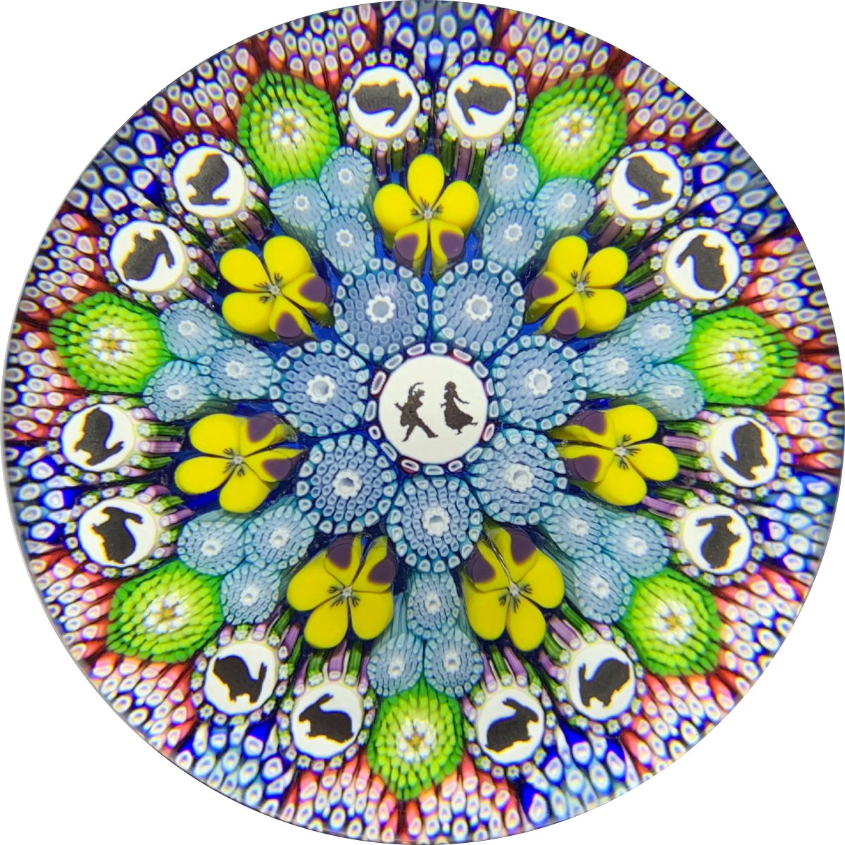 Michael Hunter Twists Studio 2019 Art Glass Paperweight With Pansies, Rabbits, & Dancers