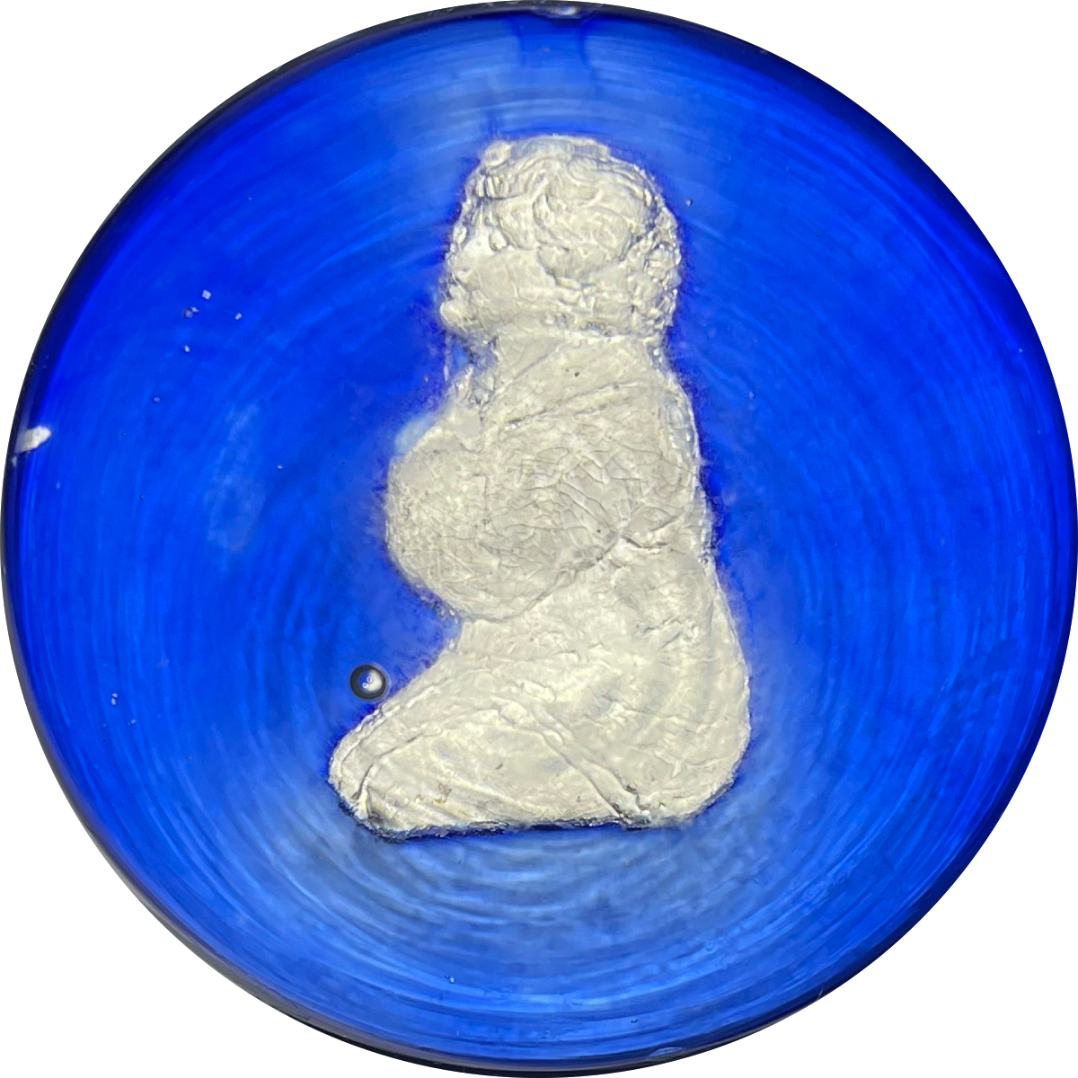 Antique European Sulphide Praying Figure on Opaque Blue Ground