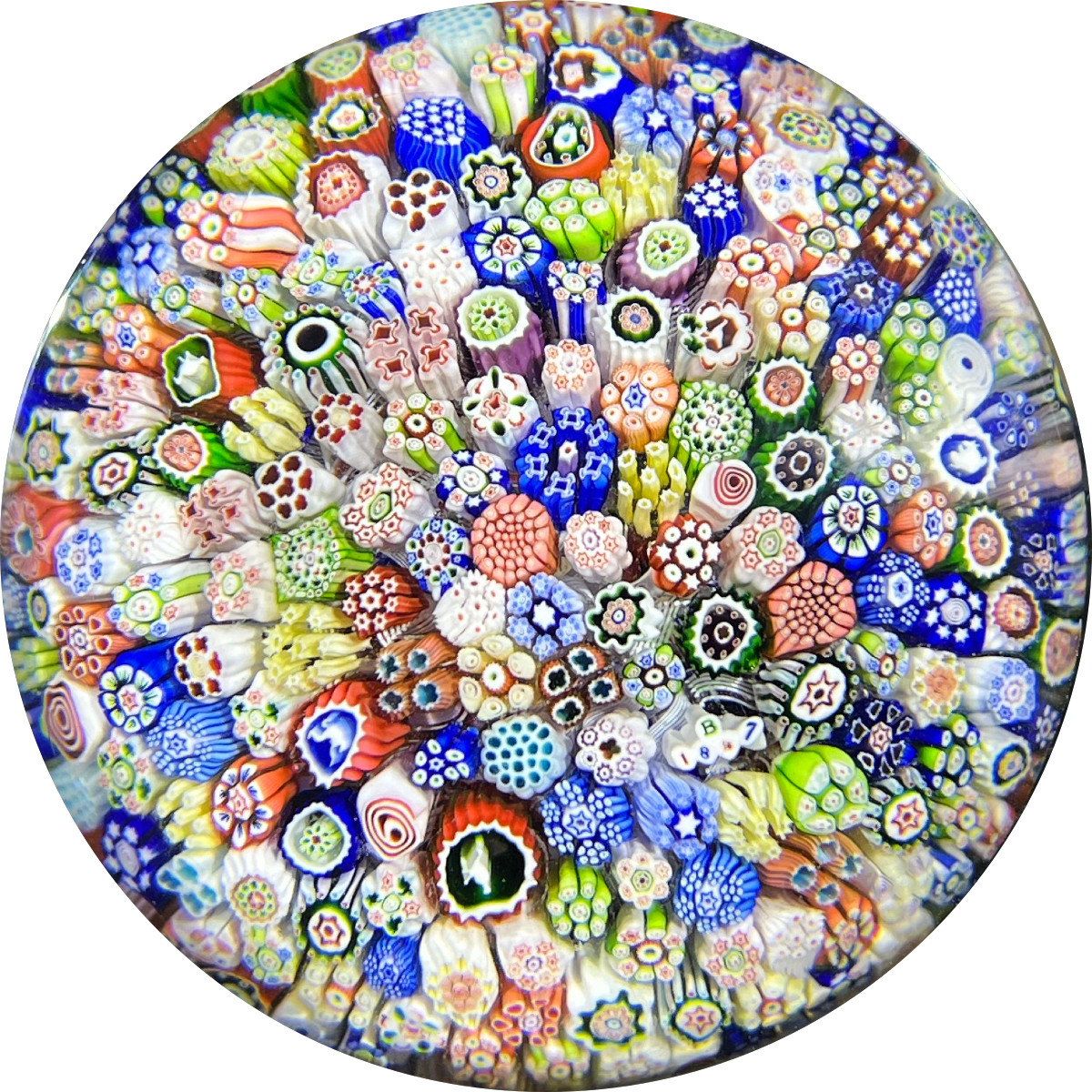 Antique Baccarat 1847 Closepack "Church Weight" with Complex Millefiori Gridel Silhouette Canes & One Flower Stem Murrine