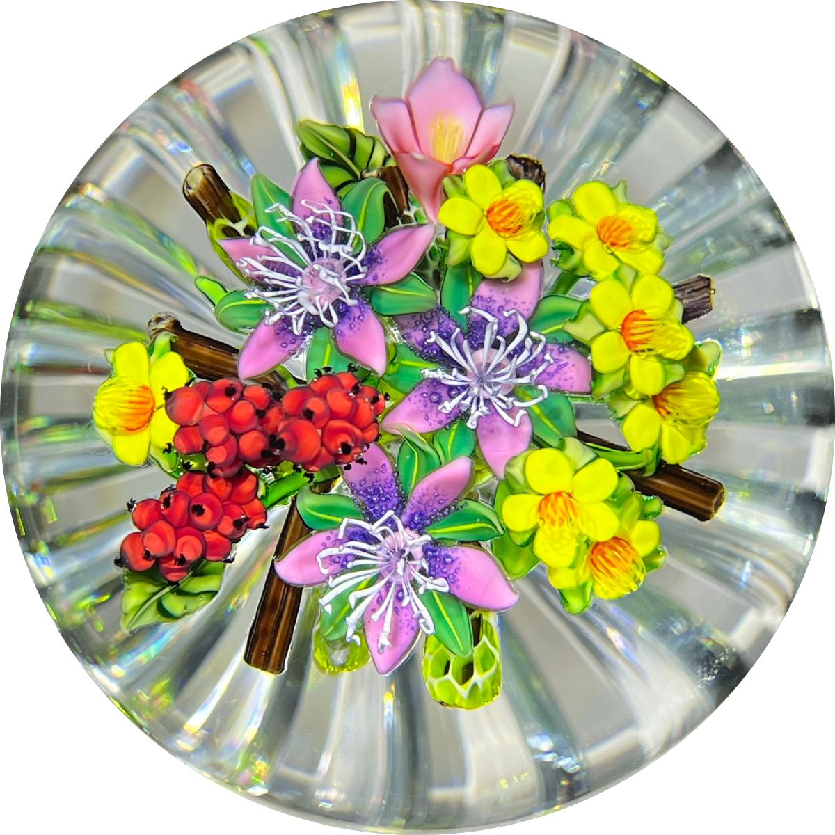 Ken Rosenfeld 2019 Flamework Glass Art Paperweight Flower and Berry Bouquet with Star-cut Base
