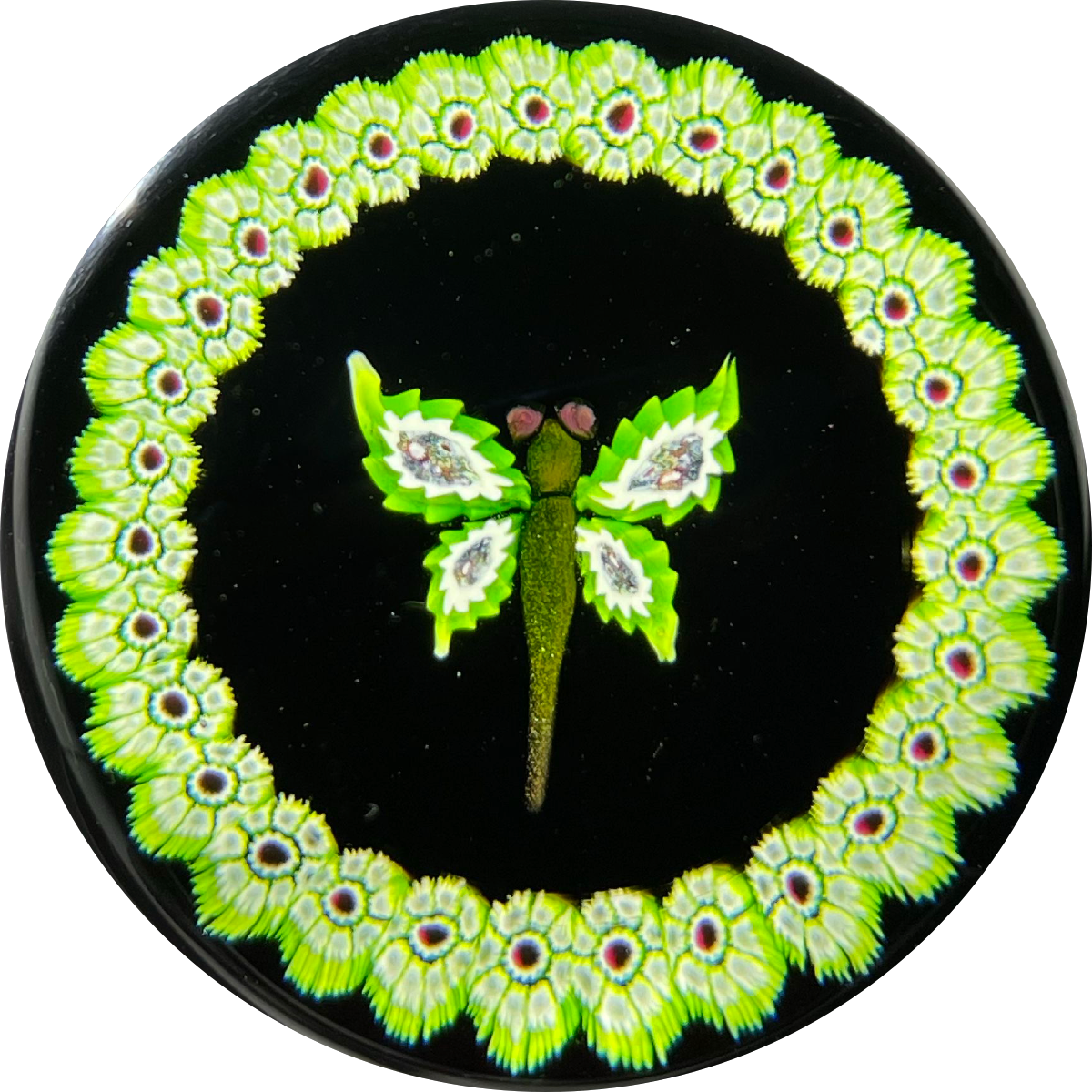 William Manson Scotia Range Dragonfly with Aventurine Body and Garland of Complex Green Millefiori