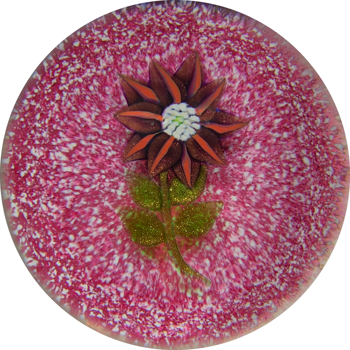 Signed Paul Ysart Flamework Flower with Aventurine Leaves on Pink Jasper Ground