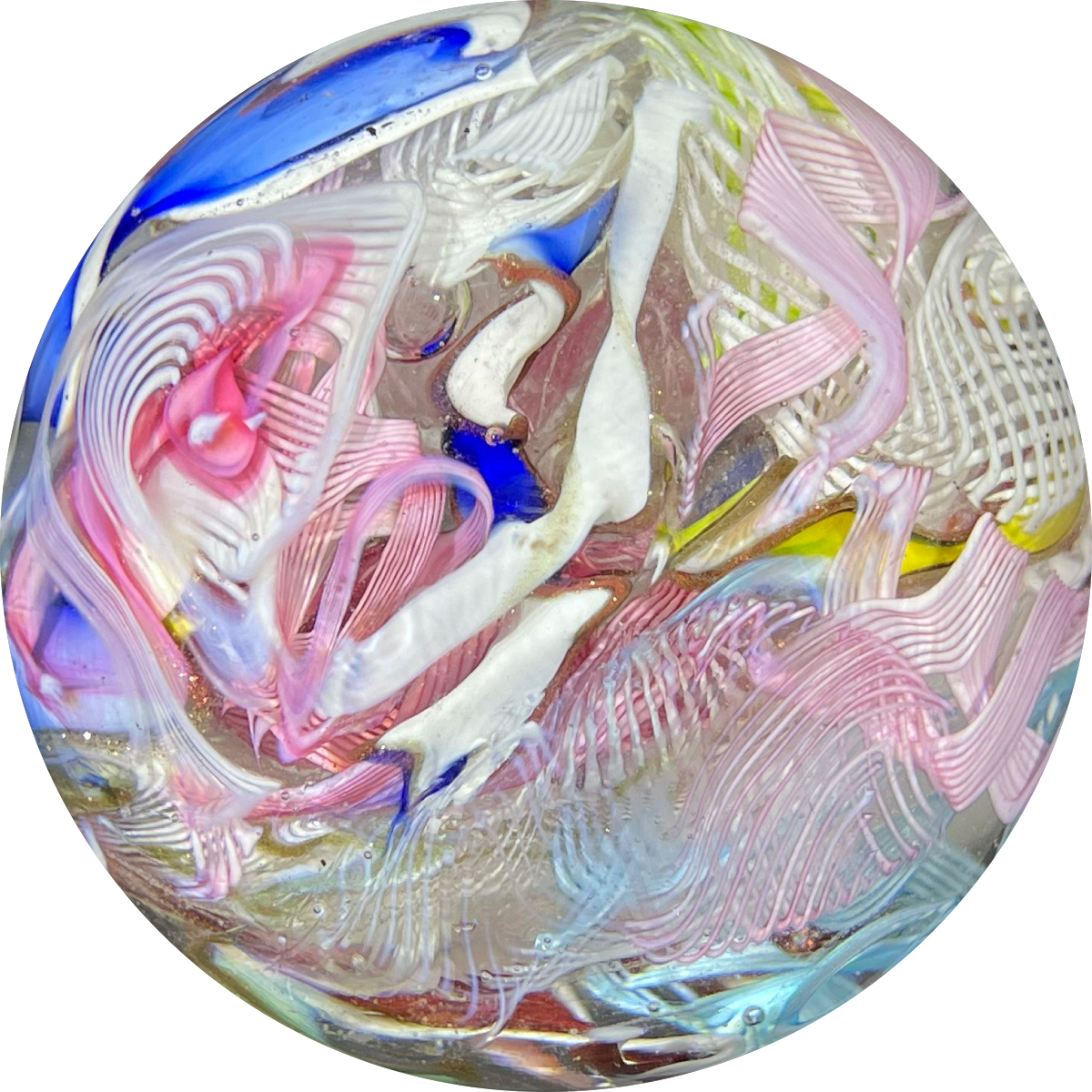Vintage Murano Colorful Ribbon Twists and Latticinio Scramble Glass Art Paperweight