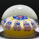 Vintage Strathearn Glass Art Paperweight Colorful Paneled Millefiori and White Filigree on Opaque Yellow Ground