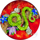 Ken Rosenfeld 2023 Glass Art Paperweight Flamework Green Scaled Snake on Red Sand with Pebbles, Aventurine, and Perennial Flowers