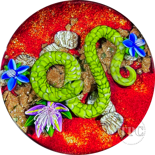 Ken Rosenfeld 2023 Glass Art Paperweight Flamework Green Scaled Snake