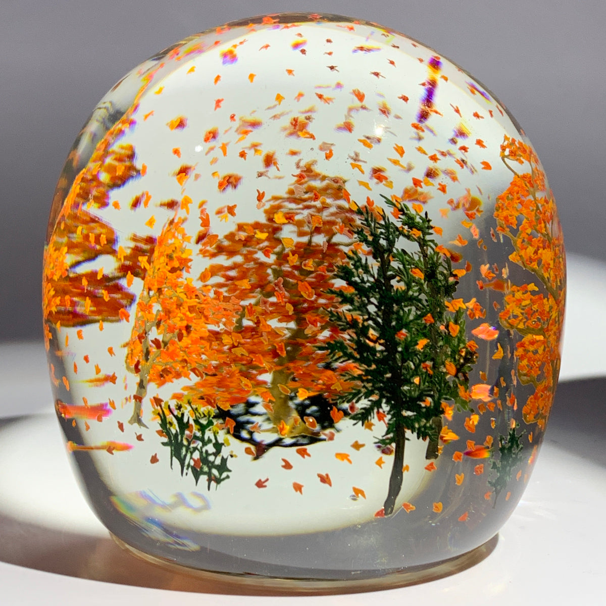 Autumn Ruzsa Signed Alison Ruzsa Windy Falling Leaves Autumn Scene Art Glass Paperw