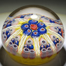 Vintage Strathearn Glass Art Paperweight Colorful Paneled Millefiori and White Filigree on Opaque Yellow Ground