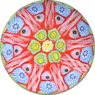 Vintage Strathearn Glass Art Paperweight Colorful Paneled Millefiori and White Filigree on Opaque Red Ground