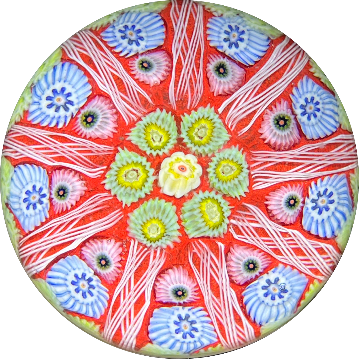 Vintage Strathearn Glass Art Paperweight Colorful Paneled Millefiori and White Filigree on Opaque Red Ground