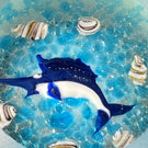 Signed Harold Hacker Flamework Marlin Fish & Seashells on Blue with Faceted Frosted Surface