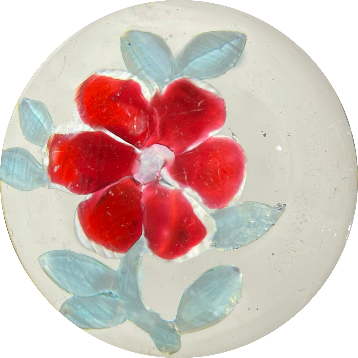 Rare Antique Val St. Lambert Lampwork Red Flower on Clear Ground
