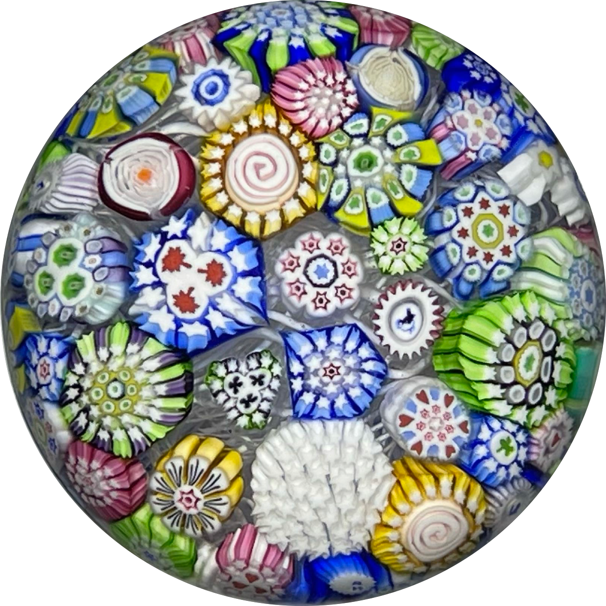Miniature John Deacons Art Glass Paperweight Cascading Complex Millefiori Closepack with Roses & Sihouettes