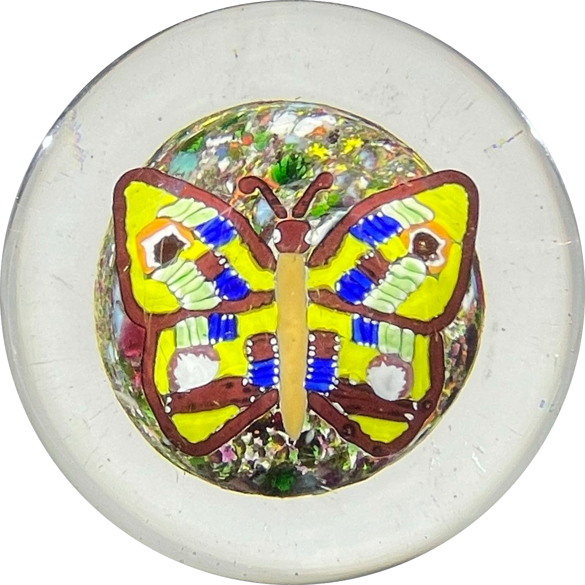 Bohemian Glass Art Paperweight Hovering Butterfly with Composite Millefiori Wings