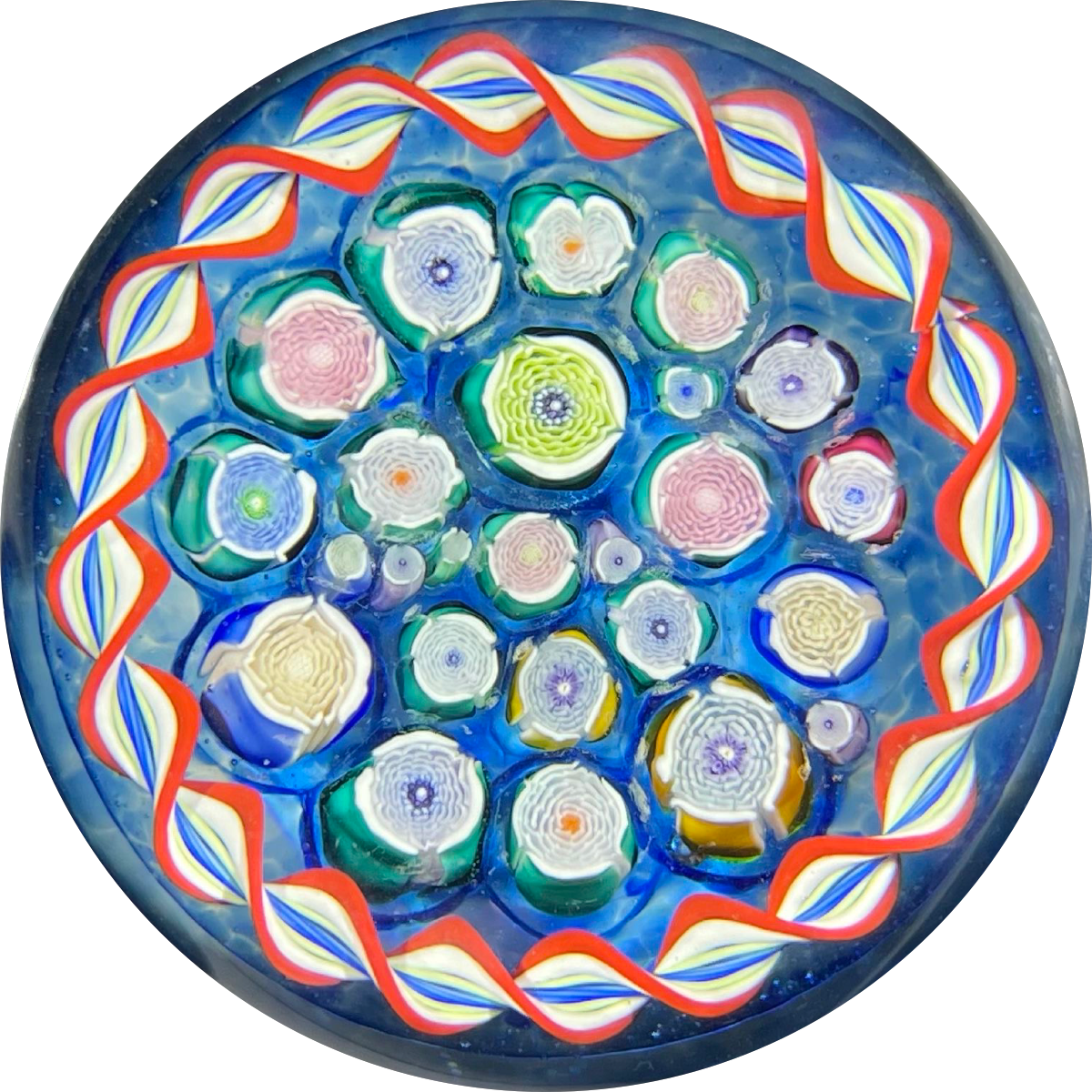 Contemporary John Deacons Millefiori Rose Canes with Torsade on Translucent Blue Ground