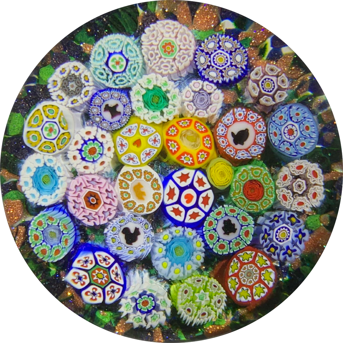 James Hart Complex Closepack Millefiori witch Silhouettes and Roses on Aventurine Ground