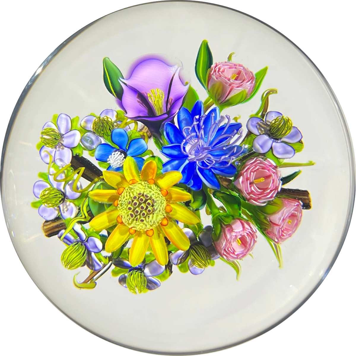 Ken Rosenfeld 2021 Glass Art Paperweight Flamework Flower Bouquet with Pink Clichy Style Roses
