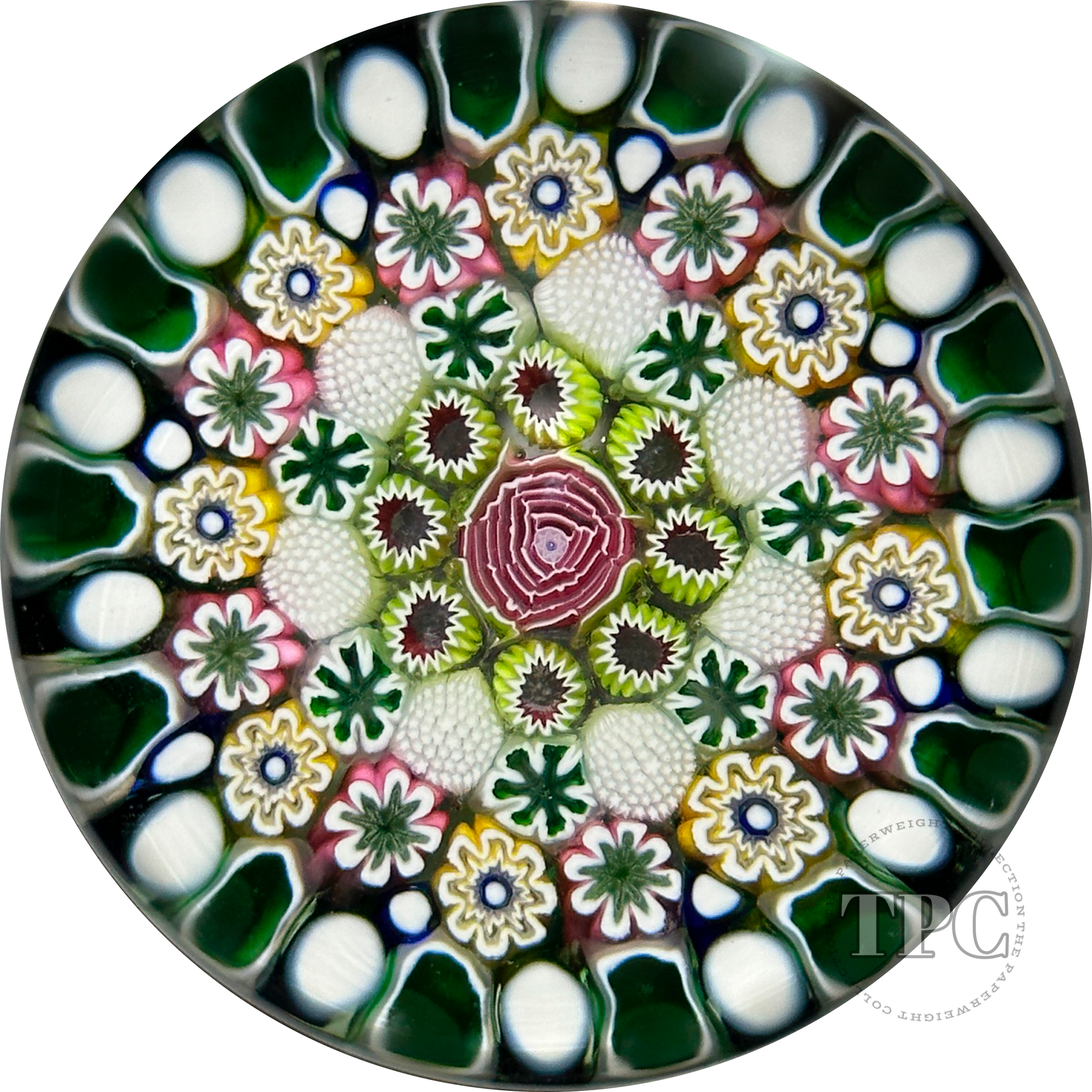 Damon MacNaught 2023 Glass Art Paperweight Complex Concentric Millefiori with Large Pink Rose Center and Green & White