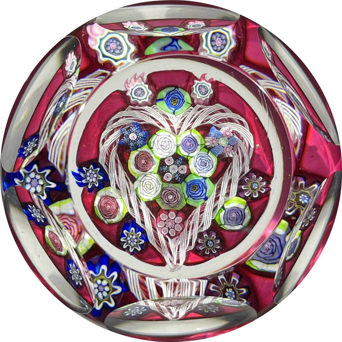 William Bill Burchfield Cape Cod Glassworks Millefiori & Filigree Heart on Opaque Red Ground