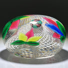 Antique New England Glass Co. (NEGC) Glass Art Paperweight Lampwork Triple Leaf Spray with Millefiori on White Filigree Basket