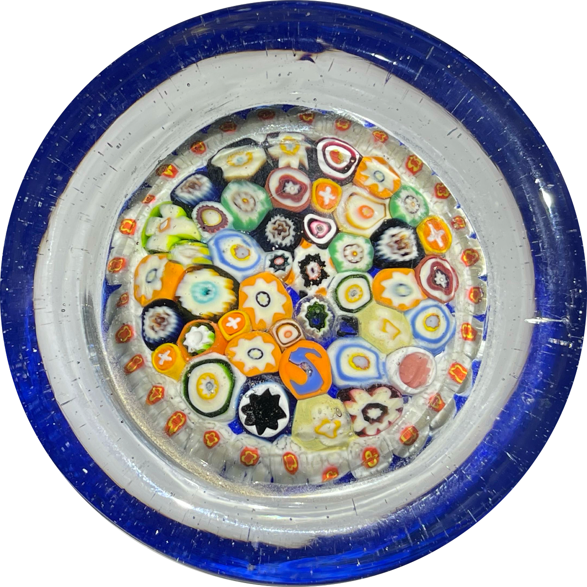 Early Signed Strathearn Glass Art Paperweight Pin Dish with Colorful Closepacked Millefiori on Blue Ground