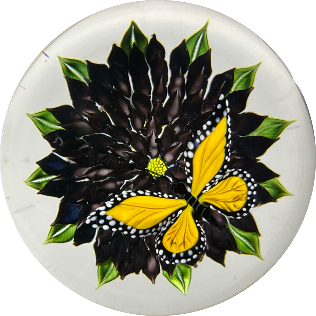 Richard Loesel Flamework Black Dahlia with Hovering Monarch Butterfly One-of-a-Kind Custom Made