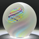 Signed Paul Harrie Contemporary Glass Art Paperweight With Spiral Rainbow Design and Faceted Frosted Surface
