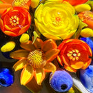 Cathy Richardson 2021 Flamework Glass Art Paperweight Summer Bouquet with Orange & Yellow Flowers and Blueberries