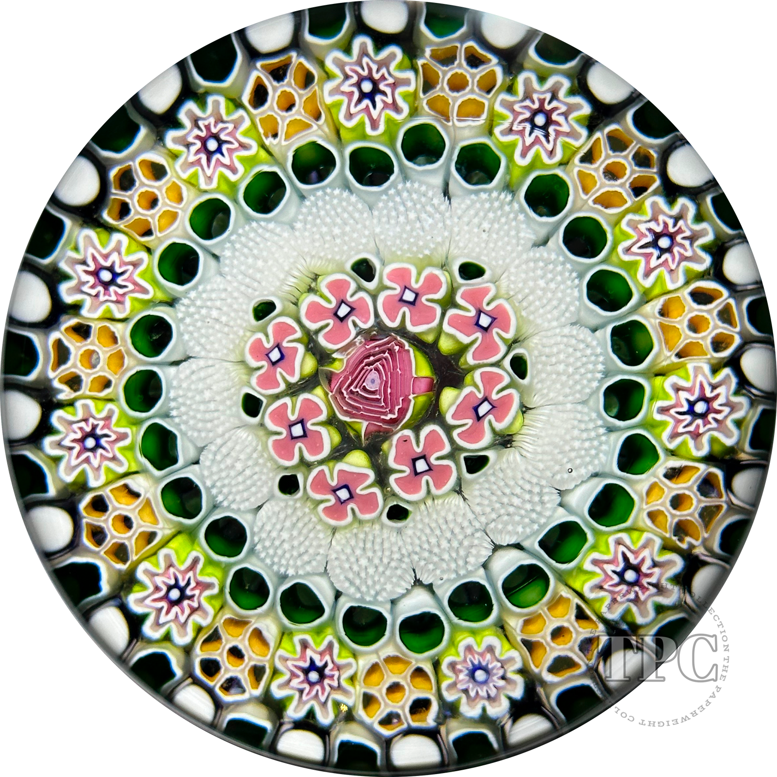 Magnum Damon MacNaught 2023 Glass Art Paperweight Complex Concentric Millefiori with Pink Dogwoods & Staves