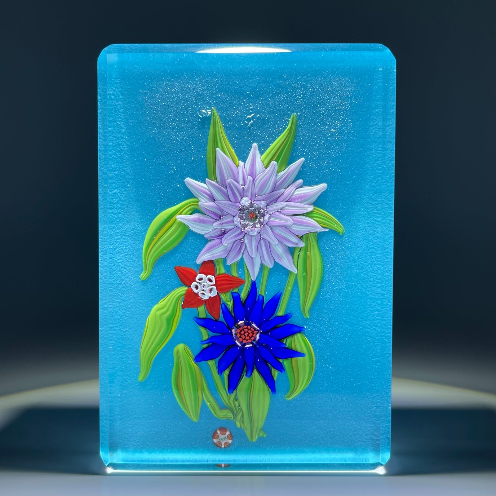 Mickael Hingant 2020 Flamework Tropical Flower Bouquet On Teal Plaque Cold-Work by Jim Poore