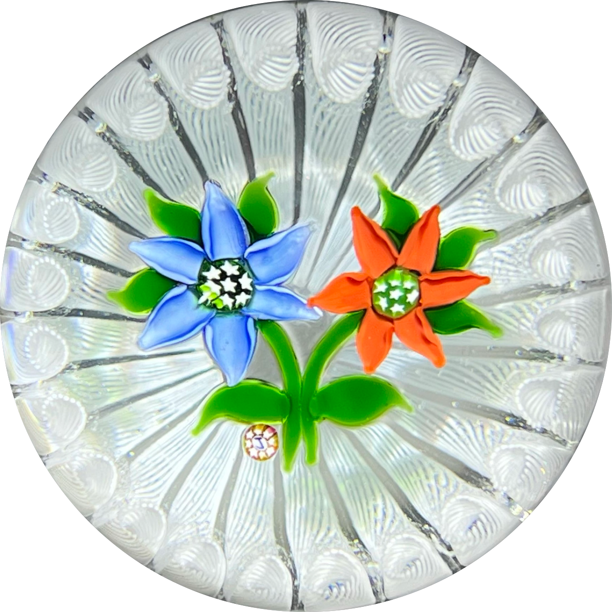 Vintage J Glass John Deacons Flamework Pair of Flowers in White Filigree Stave Basket