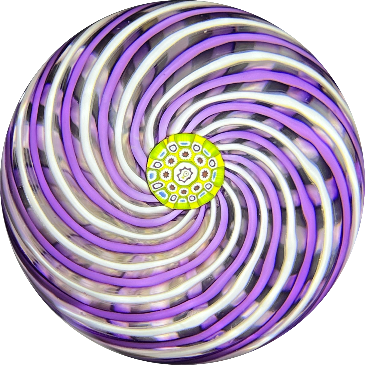 John Deacons Glass Art Paperweight Purple & White Pinwheel with Complex Millefiori Center